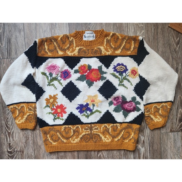 Knitting Needles Sweaters - Vintage Knitting Needles Hand Knit Floral Sweater Sz L Grandmacore Chunkyknit
